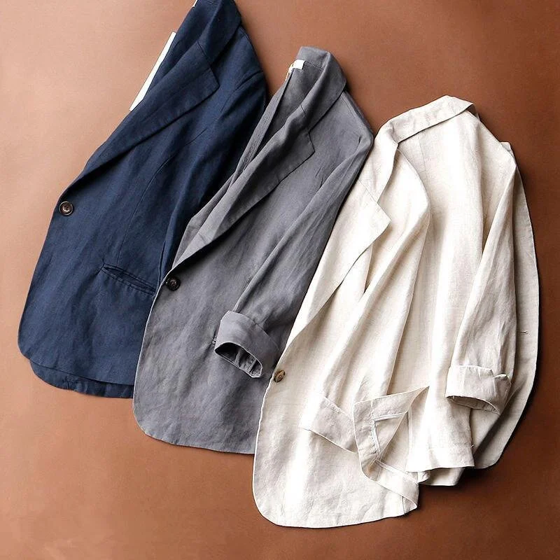 SpringSummer Women Three-Quarter Sleeves Suit Solid Fashion Cotton Linen Coat Turn-Down Collar Blazer Jacket Pockets Lady Tops