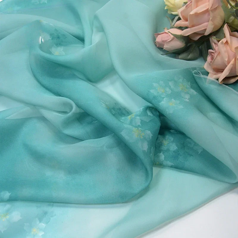 1x1.4m Small Pear Flower Gradient Print Chiffon Fabric Chinese Style Pear Blossoms Dyeing Printed Cloth for DIY Hanfu Dress