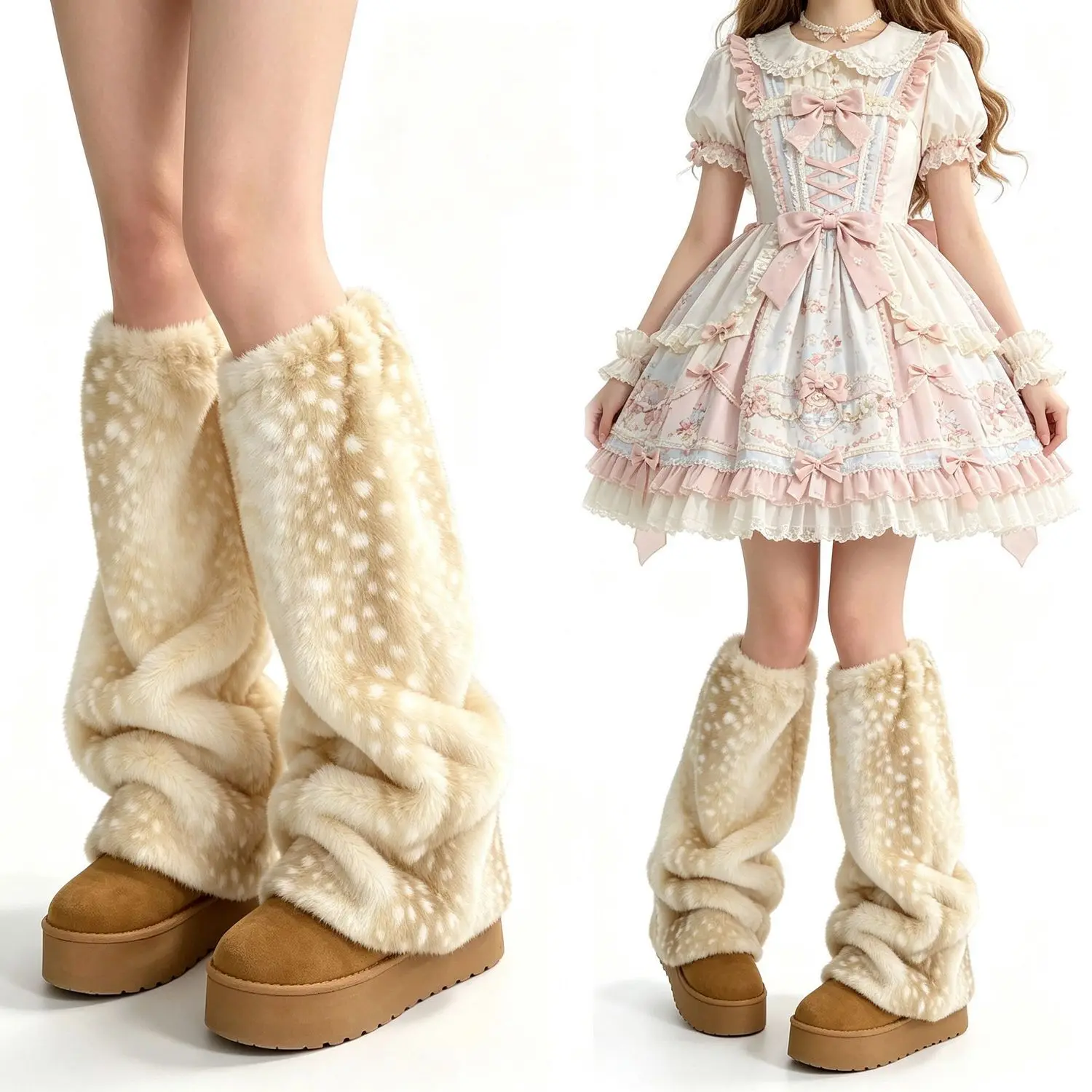 Winter Faux Fur Leg Warmers Women Deer Spotted Fluffy Boot Cuffs Y2K Aesthetic Warm Plush Leg Socks view 2