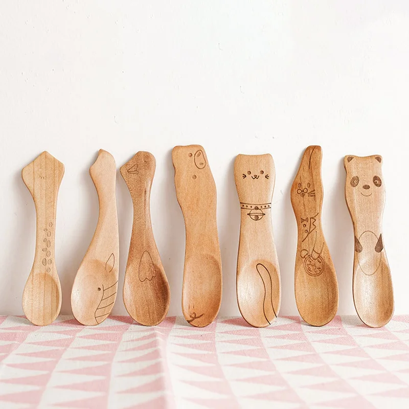 Japanese Cute Cartoon Children Spoon Natural Healthy Cake Dessert Animal Wooden Spoon Household Innovative Tableware Accessories