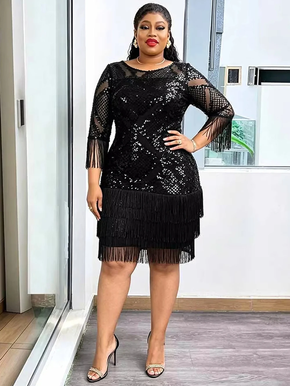 Elegant Sequin Dresses For Women African Clothing Wedding Party Evening Gown Dashiki Tassel Bodycon Robe Dubai Turkey Dress