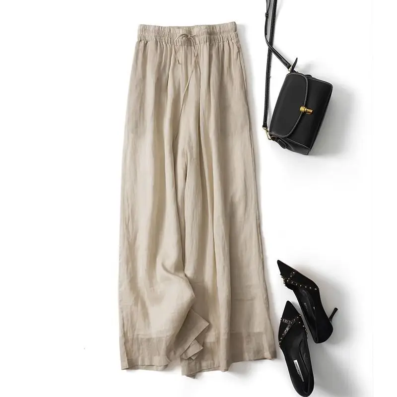 Double-Layer Cotton Linen Wide Leg Pants Thin Loose Summer Trousers Drawstring Elastic Waist Palazzo Skirt Pants