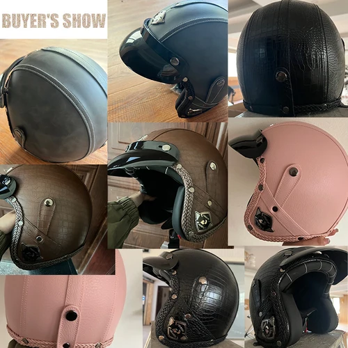 Imagen 2 del producto UCHOOSE Casco de motocicleta Retro de cuero PU cara abierta 3/4 Chopper cascos de bicicleta Casco clásico Moto Vintage