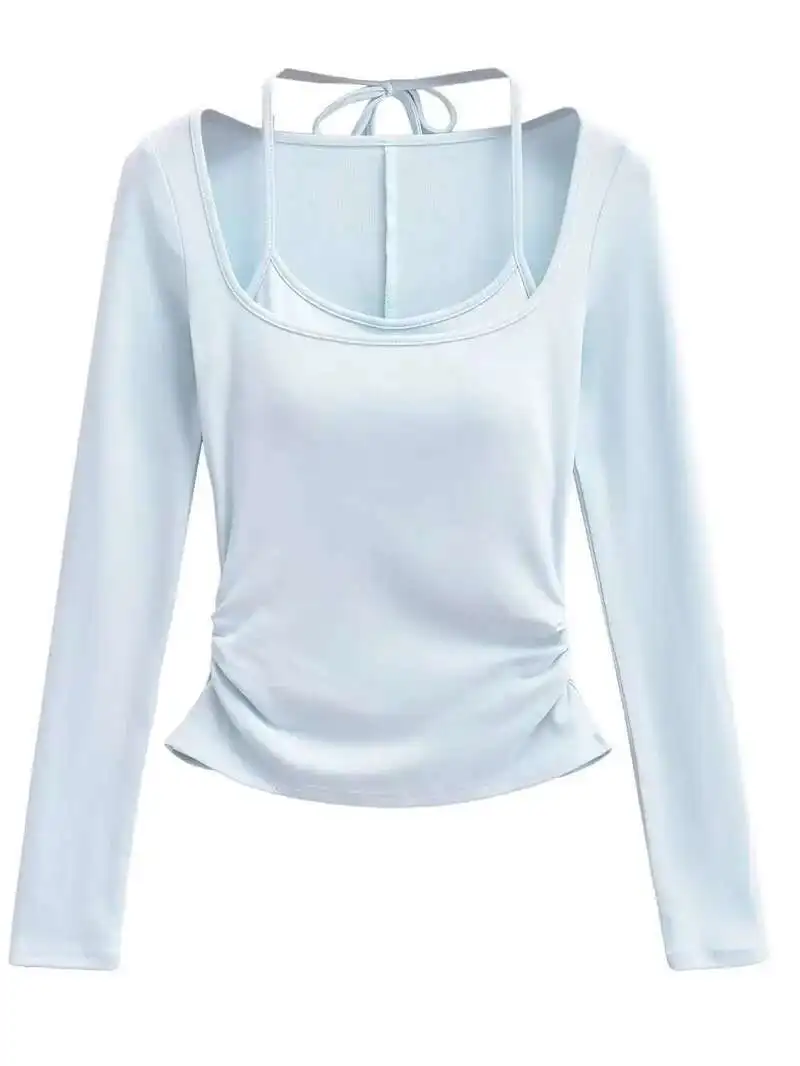 2024 Autunno/Inverno Nuovo Appeso Al Collo Falso In Due Pezzi A Maniche Lunghe Pullover Delle Donne Cinching Vita di Colore Solido Sottile Breve Top V795