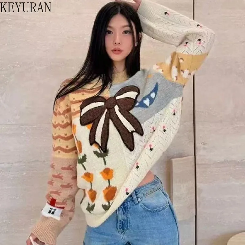 

2026 Spring Color Block Knot Knitted Sweater Women Korean Round Neck Long Sleeve Knitwear Outerwear Versatile Tops Ladies Jumper