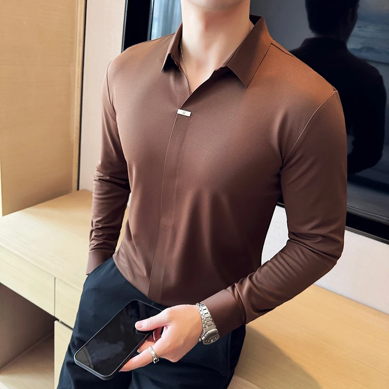 High Elastic V-neck Non-marking POLO Shirt 2024 Autumn New Long sleeved Casual Business Solid Color T-shirt Men's Clothing