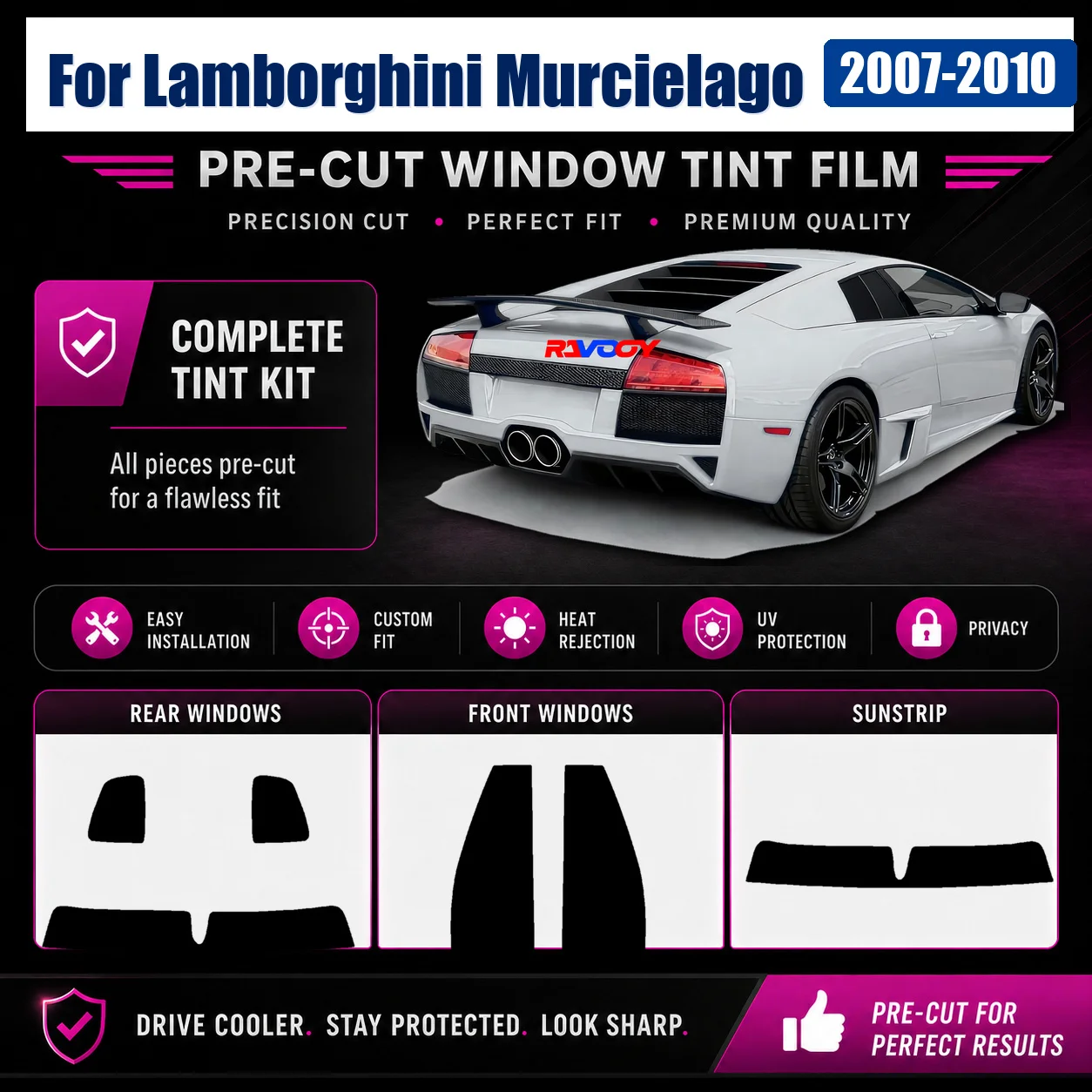 For Lamborghini Murcielago 2007-2010 Custom Fit Complete Window Glass Tint Kit RAVOOY Heat Reject