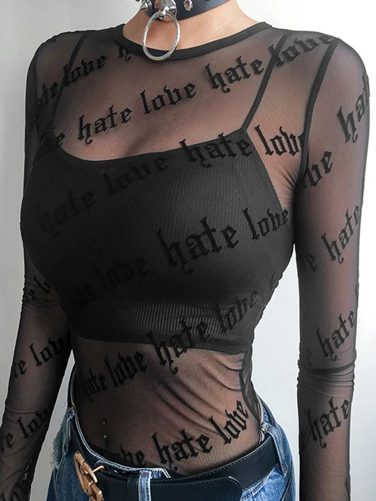 

Sexy Women Mesh T-Shirts See-Through Perspective Tshirt Letter Printed O Neck Transparent Long Sleeve T Shirt Tops Women