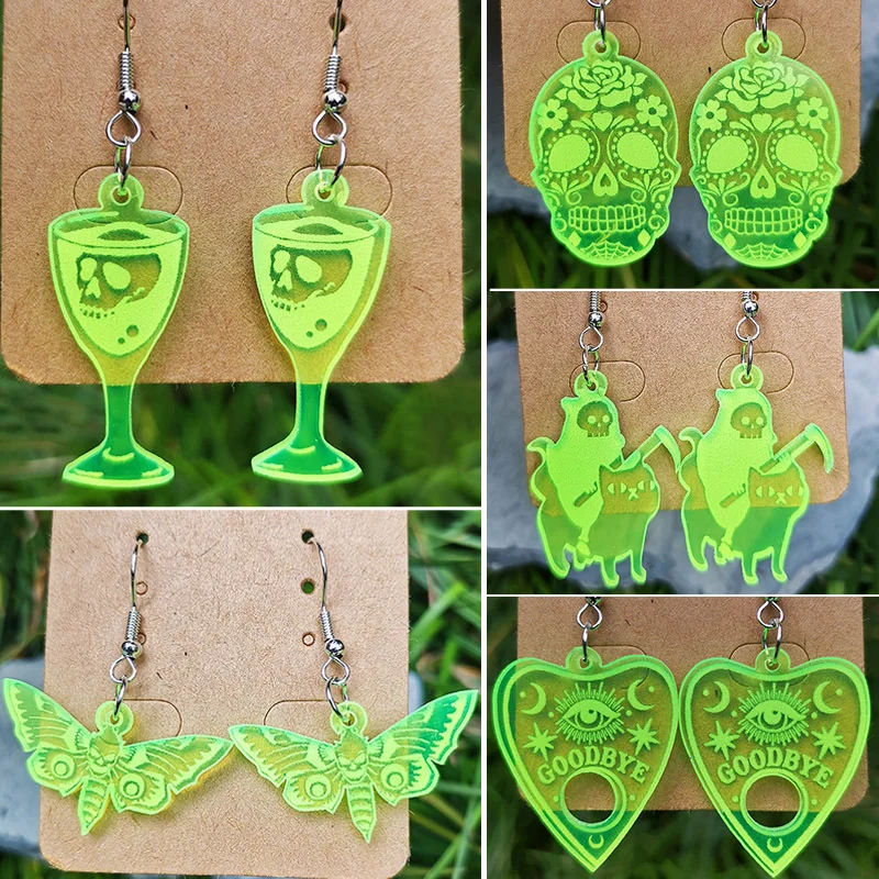 Halloween Earrings Wine Cup Skull Cat Fluorescent Green Horror Atmosphere Ghost Moth Earrings Halloween Decoration Gift