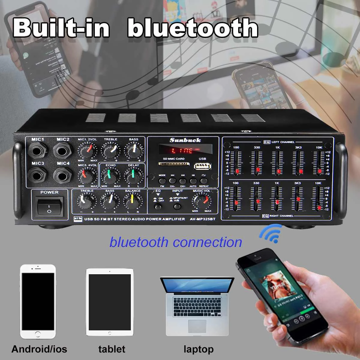325BT 8000W BT Amplifier 110/220V Audio Stereo Digital AMP Support USB SD FM DVD AUX 4 Way Microphone Input With Remote Control