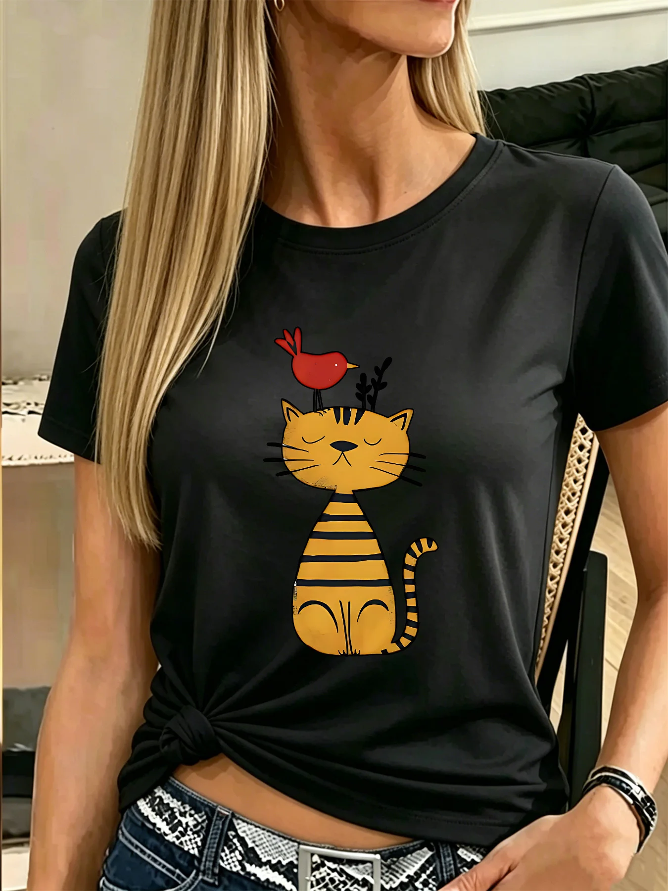 Whimsical Cartoon Cat And Bird Womens T Shirt Lovely Striped Pet Animal Graphic Tee Short Sleeve Casual Party Street Ladies Tops