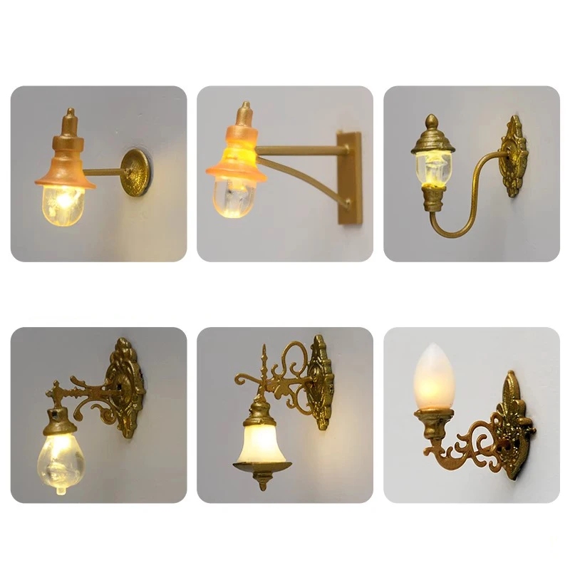 Antique 1:12 Miniature Dollhouse Wall Lamp Model LED Light for Garden Yard Sand Table Decor Vintage DIY Toy Furniture Chandelier