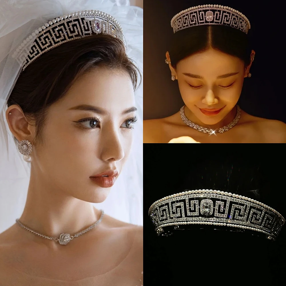 

Himstory Retro Greece Paper Pattern Pearl Tiaras Headdress European Royal Princess Hair Crown Headpiece Accessories