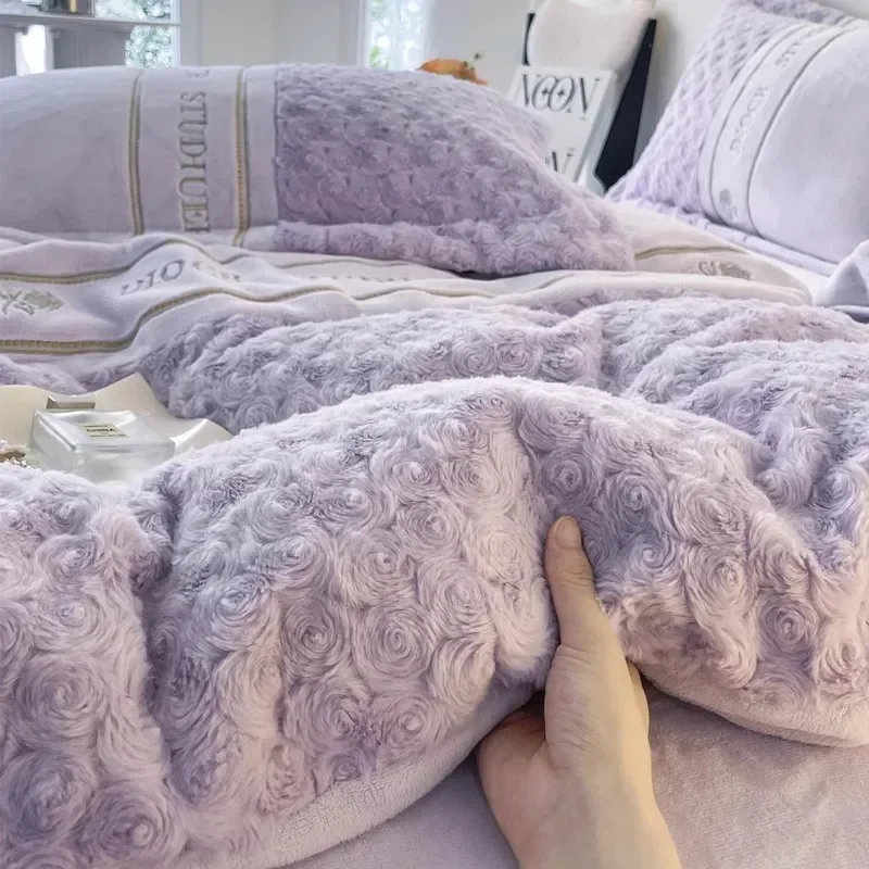

High-end rabbit fleece four-piece winter thickened princess style bed sheet quilt cover bed hat milk coral fleece bedding