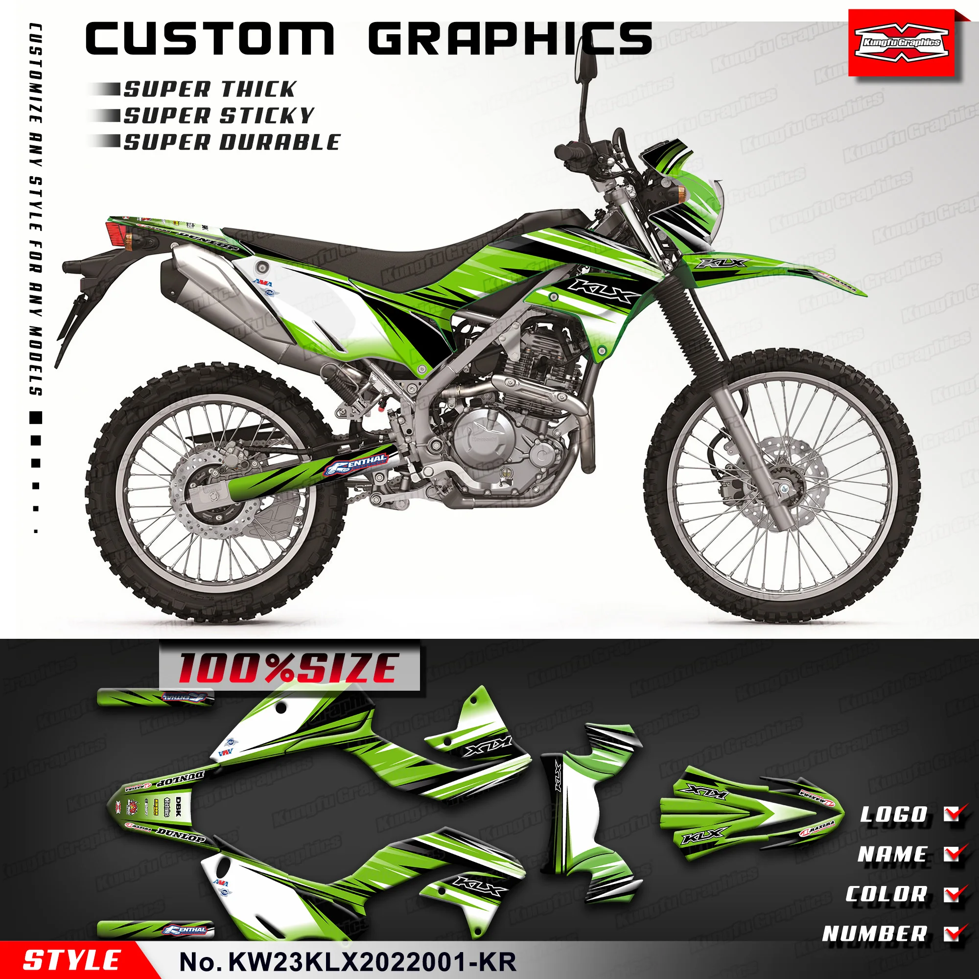 

KUNGFU GRAPHICS Adhesive Sticker Motorcycle Decals Kit for Kawasaki KLX230 2020 2021 2022, KW23KLX2022001-KR