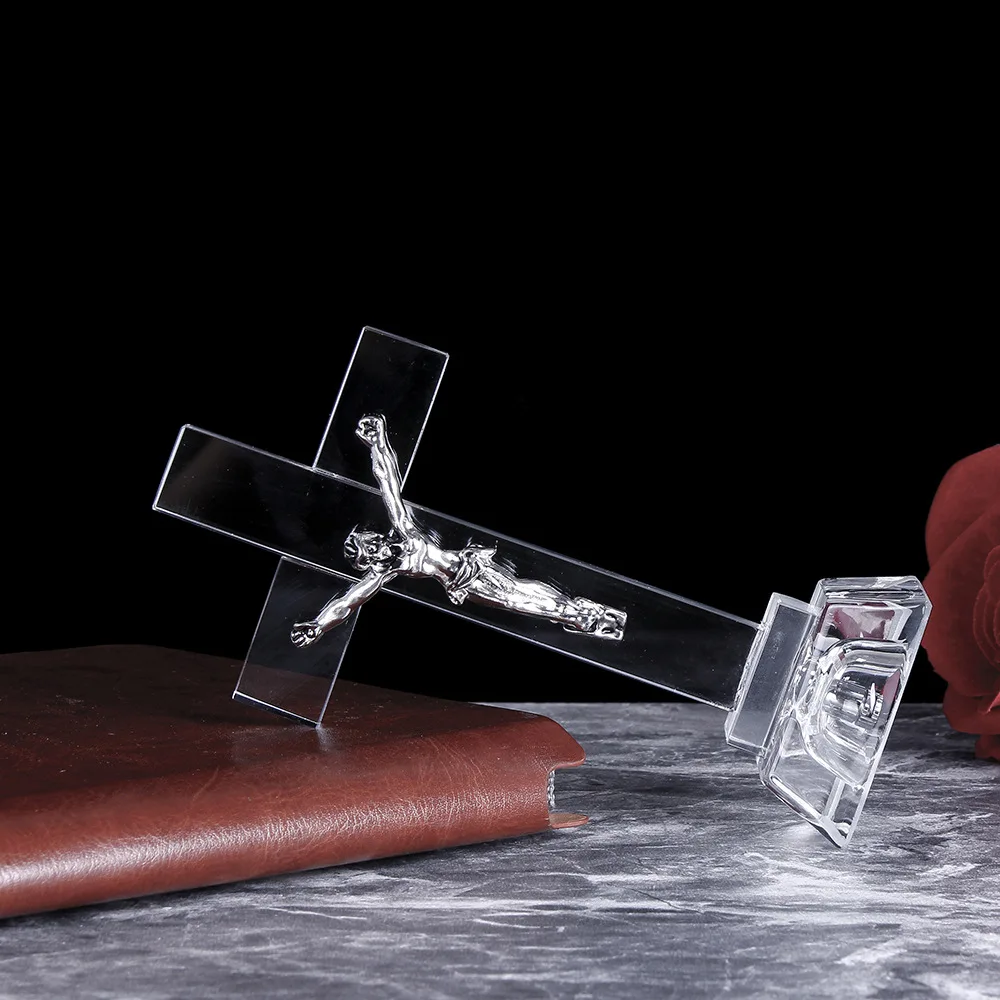 Glowing Crystal Cross Decor - LED Light Up Glass Figurine, Small Desktop Religious Gift Memorial Keepsake for Home Blue