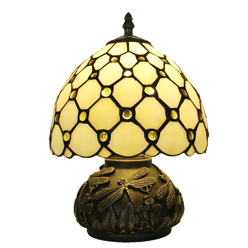 French Retro Style Stained Glass Table Lamp 8 Inches Red Rose Bedside Desk Reading Light for Bedroom Living Room Office