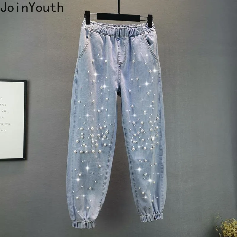 Korean Jeans Woman Streetwear Fashion Denim Harem Pants 2024 New Bottoms Elastic Waist Beading Casual Vintage Y2k Pantalon Femme