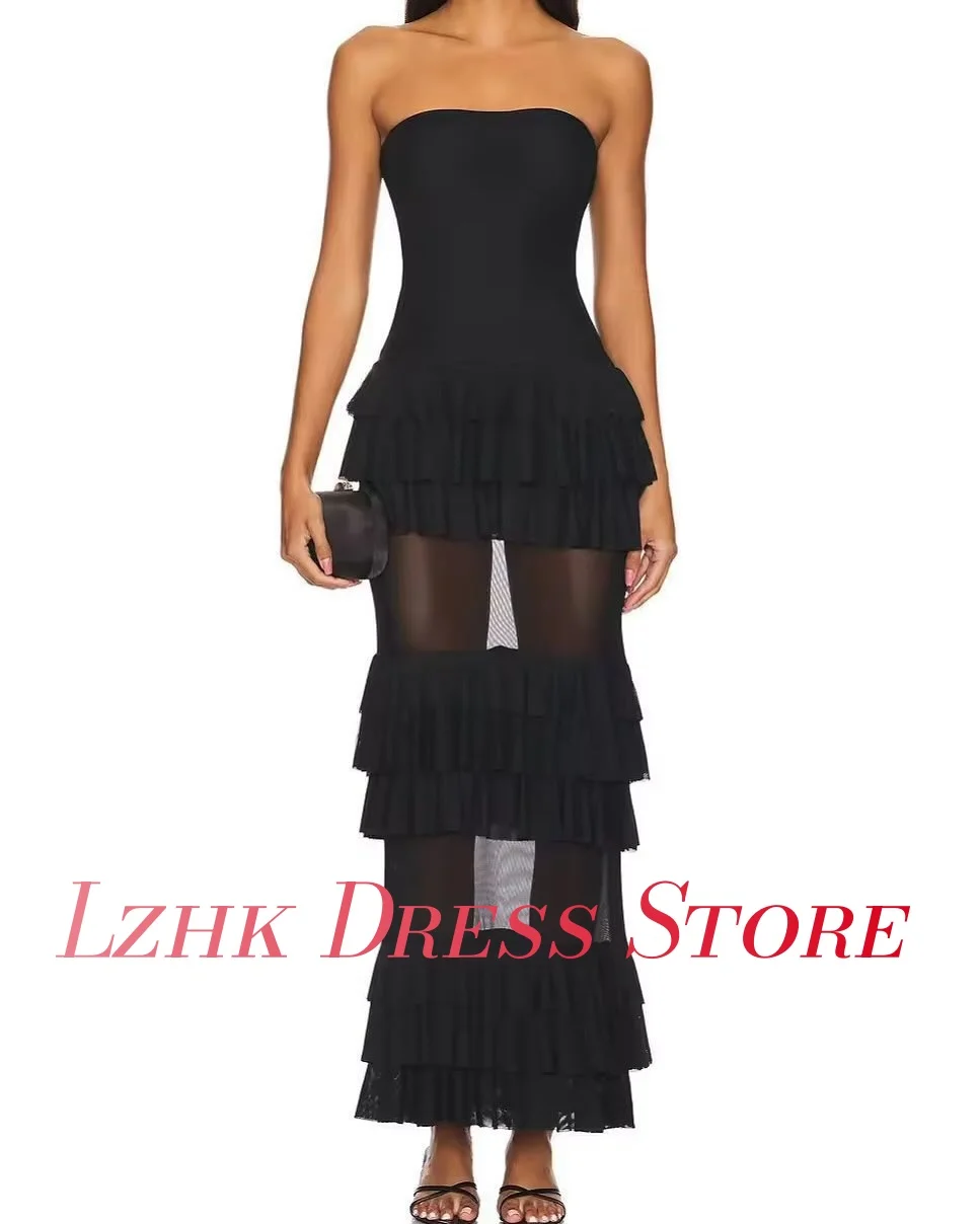 Customized Sexy Chiffon Straight Ruffles Tiered Evening Dress New fashion Sleeveless Strapless Ankle Length Celebrity Gowns