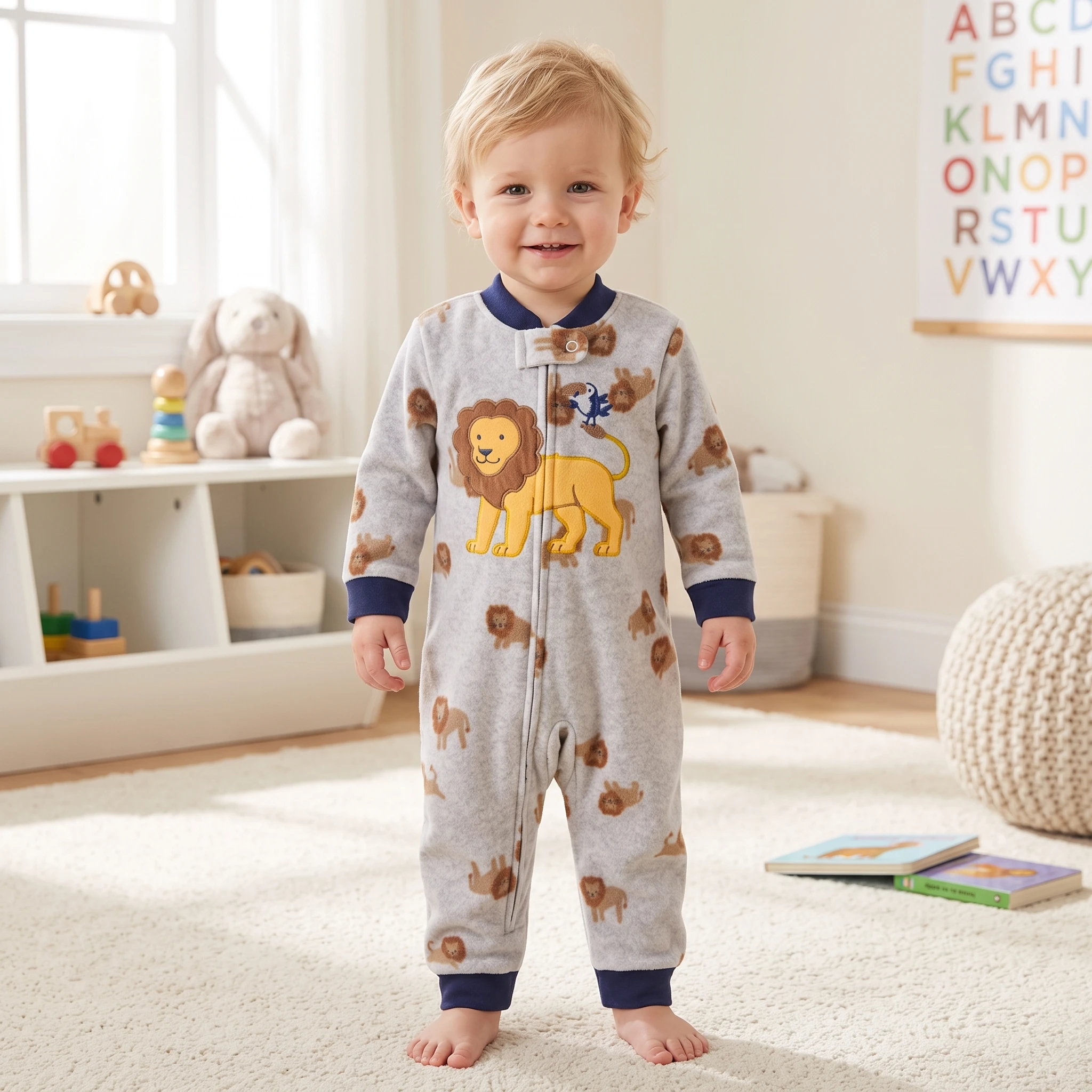 Infant Boys Polar Fleece Zip Romper Cute Animal Lion Bear Cow Kitten Embroidery Full Print Warm Fall Winter Baby Jumpsuit 9-24M
