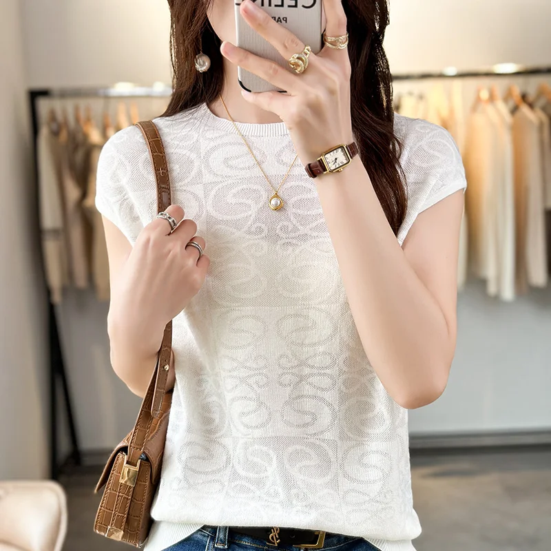 

Summer new women's knitted O-neck short sleeve 100% merino wool pullover vest fashion high-end Korean shirt T-shirt