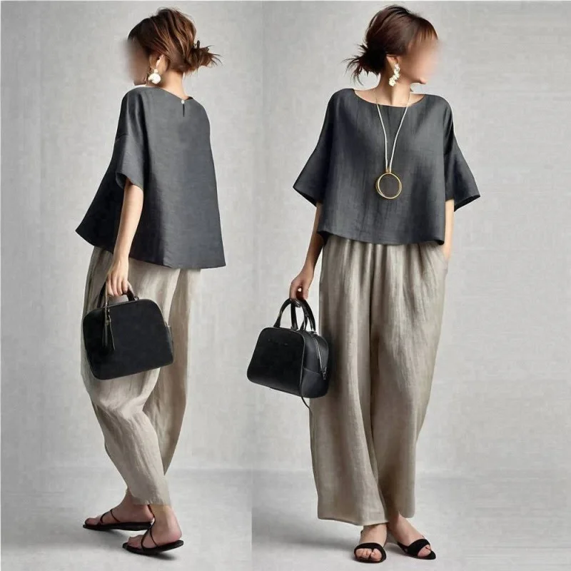 Two Pieces Women Pant Sets Solid Matching Set Half Sleeves O Neck Top Elastic Waist Wide Leg Pants Loose Fit Casual 2026 Summer