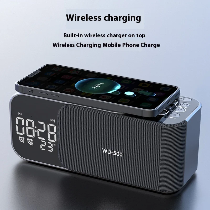 

Dual Alarm Clock Home Speaker with Night Light Wireless Charging for Bluetooth Subwoofer & Radio Card Slot 10W Output Power