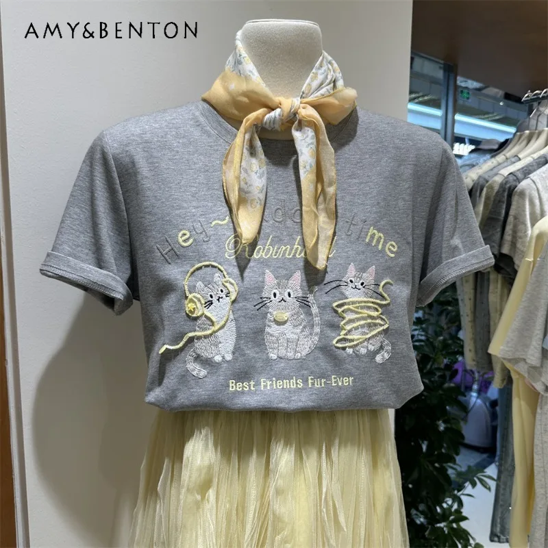 

Women's Short-sleeves T-shirt With Straight Shoulders Summer Youthful Versatile Cat Embroidery Loose Fit And Slimming Top Tees