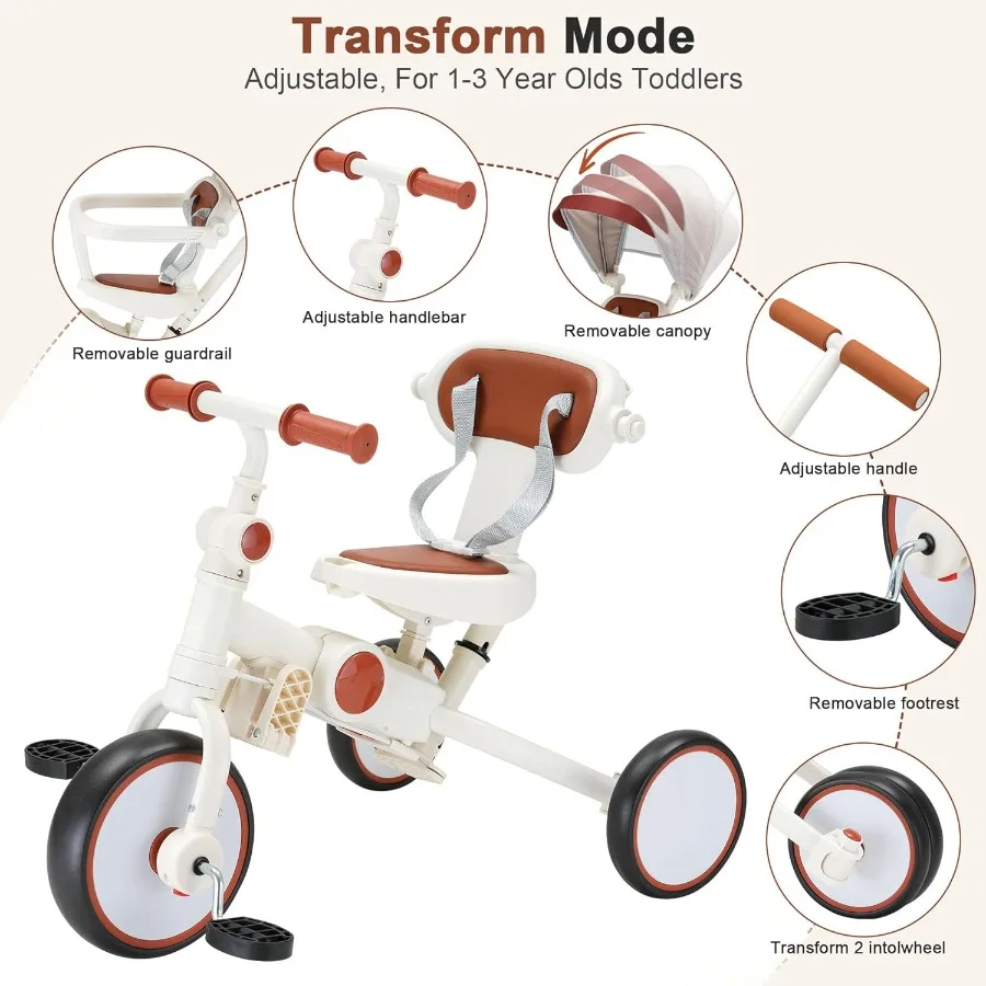 7-in-1 Foldable Baby Tricycle with Removable Canopy Adjustable Parent Handle Safety Harness and Wheel Brakes for Toddlers 1-5 Y
