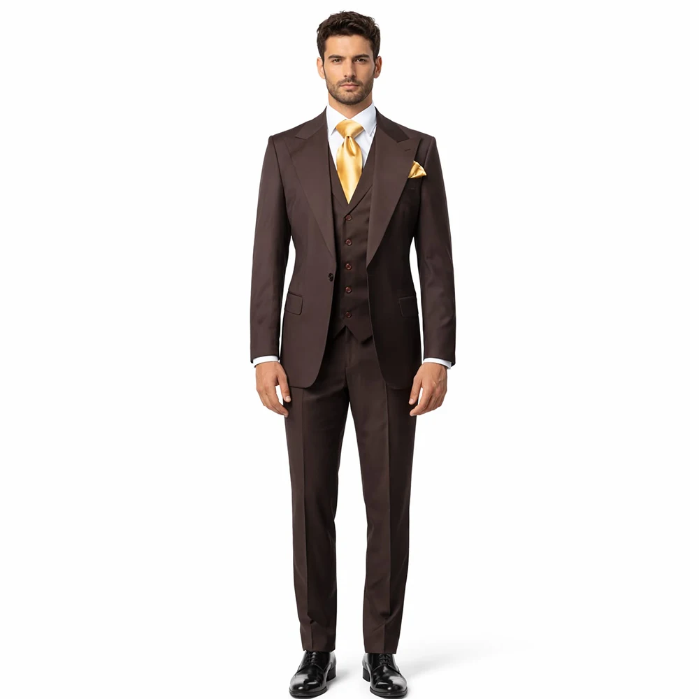 Classic Men Dark Brown 3‑Piece Suit Set Matching Single Button Vest Blazer Pants Formal Wedding Business Groom Outfit