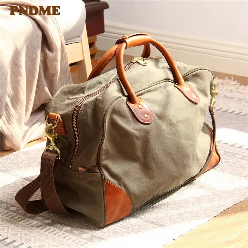 PNDME casual canvas genuine leather men\'s travel bag weekend outdoor large-capacity handbag designer women\'s fitness luggage bag