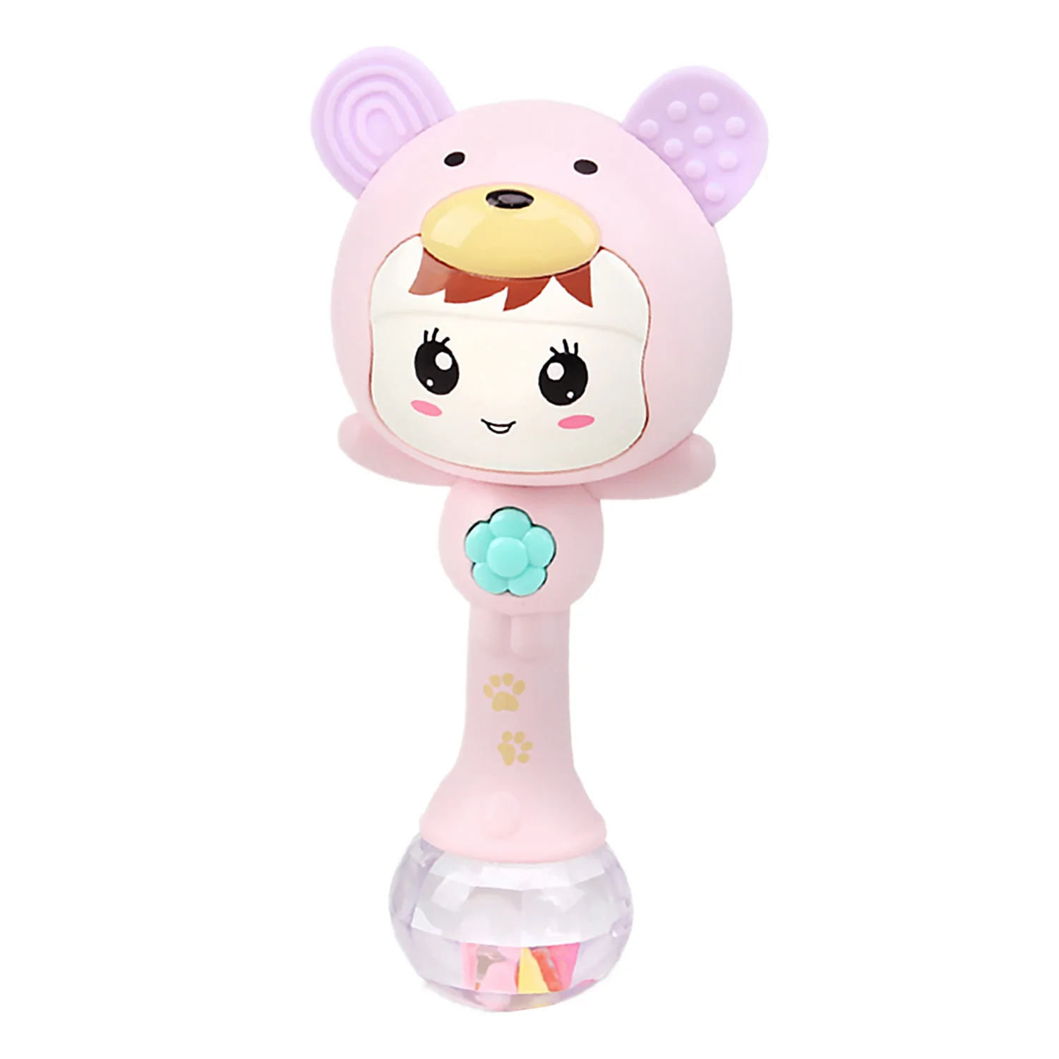 Cute Cartoon Rattle Shaker Toy Infant Handheld Molar Stick Teether Musical Toy with Colorful Light Effect for 0-1 Year Toddlers