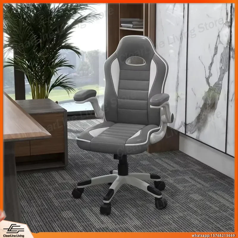 Grey Ergonomic PU Leather Gaming Chair with Adjustable Height 90° Flip Armrests 360° Swivel Casters Lumbar Support Racing