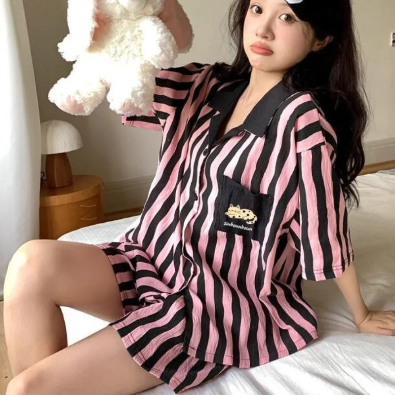 Women's Pajama Set Fashion Homewear Princess Korean Contrast Striped Lightweight Summer Short Sleeve Shorts Pajamas Cute Kitten