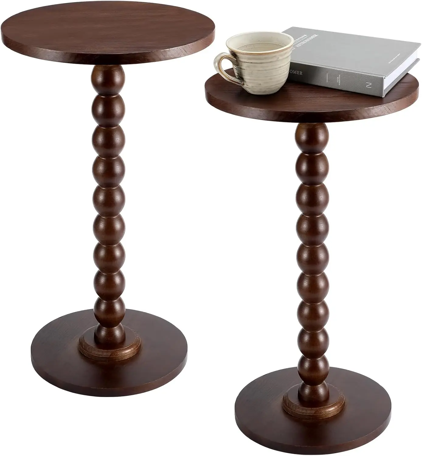 

2-Piece Brown Round Pedestal Side Table Set - Small Wooden Tray Top Coffee/Accent/Nightstand,