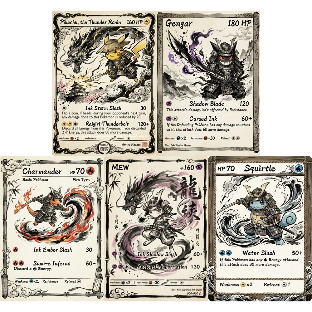 5Pcs Pokemon Rare Holo Cards Ink and Wash Samurai Style Gengar Mew Charmander Squirtle PTCG Cards Collection Pokemon Cards Gift