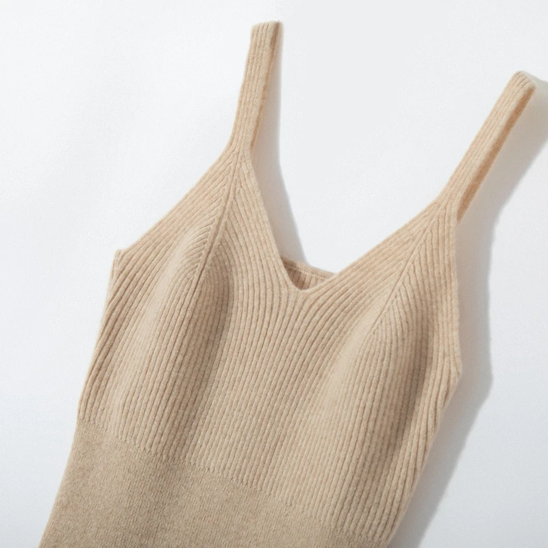 New Women Sexy 100% Cashmere High Elasticity Vest Crop Fashion Tops V-Neck Tank Soft Warm Ladies Knit Camisole Bottoming