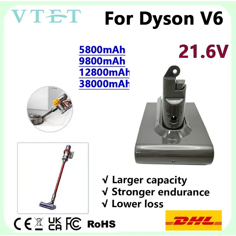 Беспроводной ручной пылесос VTET Dyson V6 Замените литиевую батарею 21,6 В 5800-38000 мАч Перезаряжаемый, длительный срок службы батареи, Беспроводной ручной пылесос VTET Dyson V6 Замените литиевую батарею 21,6 В 5800-38000 мАч Перезаряжаемый, длительный срок службы батареи,