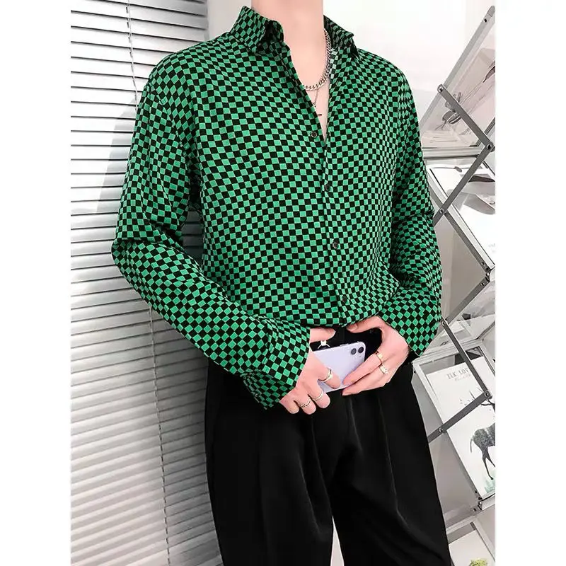 Fashion Lapel Button Korean Printed Plaid Shirts Men\'s Clothing 2024 Spring New Loose Casual Tops Long Sleeve All-matc Shirts