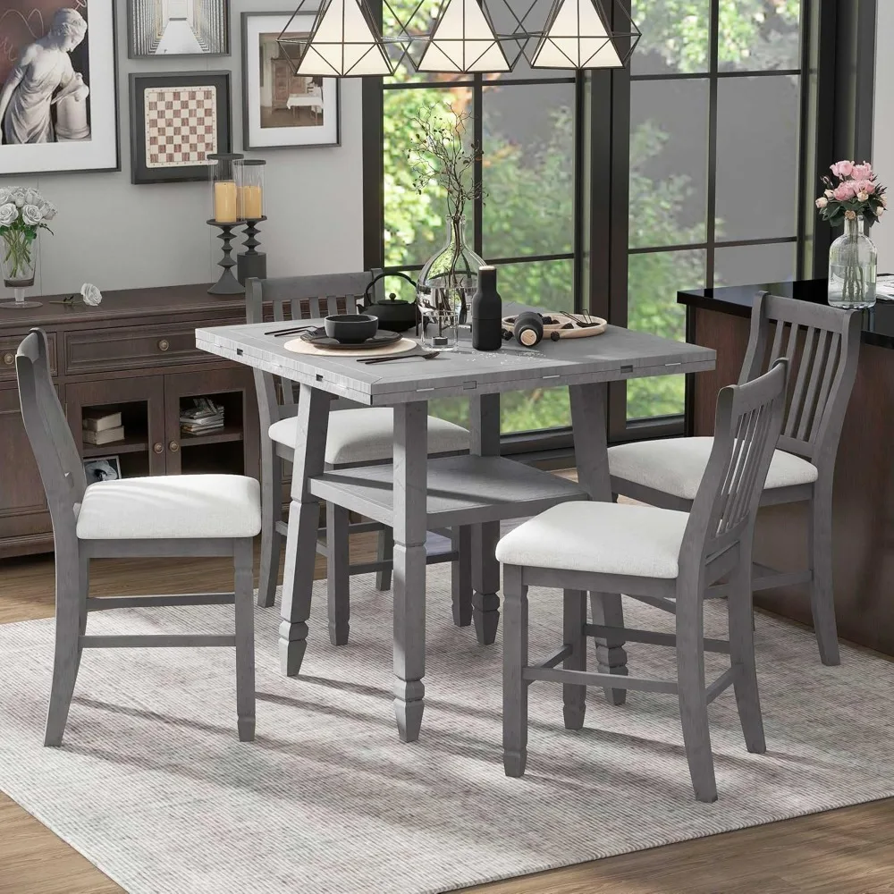 5 Piece Dining Table Set for 4,Extandable Counter Height Table Set with Storage Shelf and 4 Padded Chairs, Dining Tables