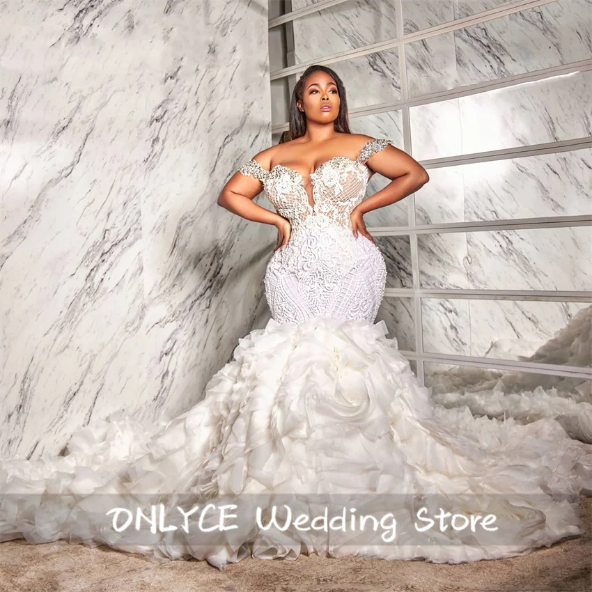 

Luxury White Mermaid Wedding Dresses For Bride Sweetheart Detachable Ruffles Aso Ebi Women Bridal Gowns Customized