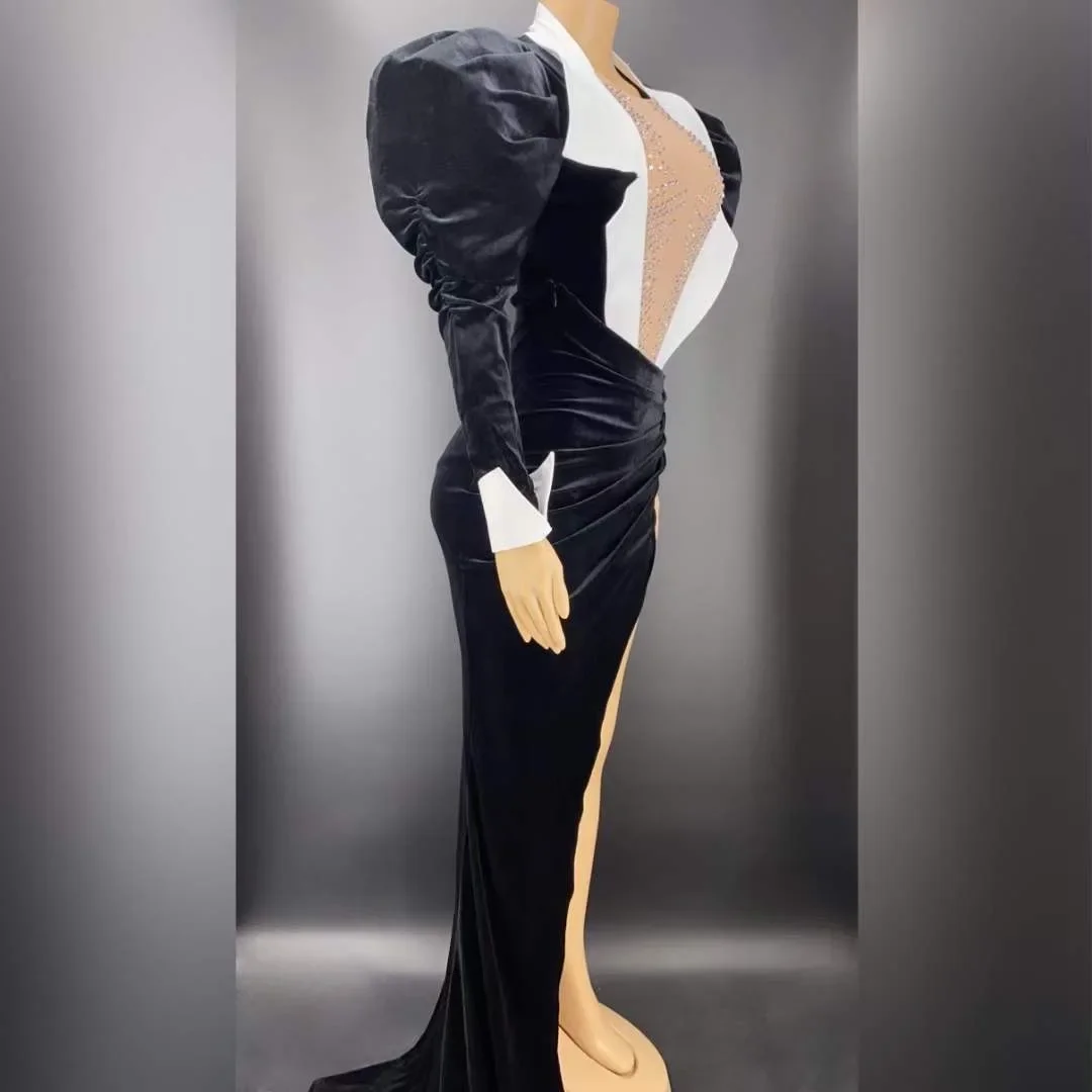 Black Velvet Fashion Sexy Deep V-Neck Asymmetrical Puff Sleeve Women All Set Dress Show Stage Catwalk Costume Evening Party