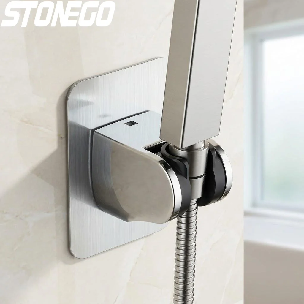 Adjustable Self Adhesive Wall Mounted Shower Head Holder Polished Chrome Finish Handheld Shower Stand for Bathroom