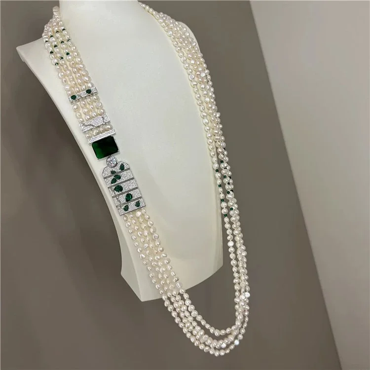 Jewelry Natural Pearl 32\'\'-35\'\' 4 Strands Natural White baroque Pearl With CZ Connector Necklace For Women