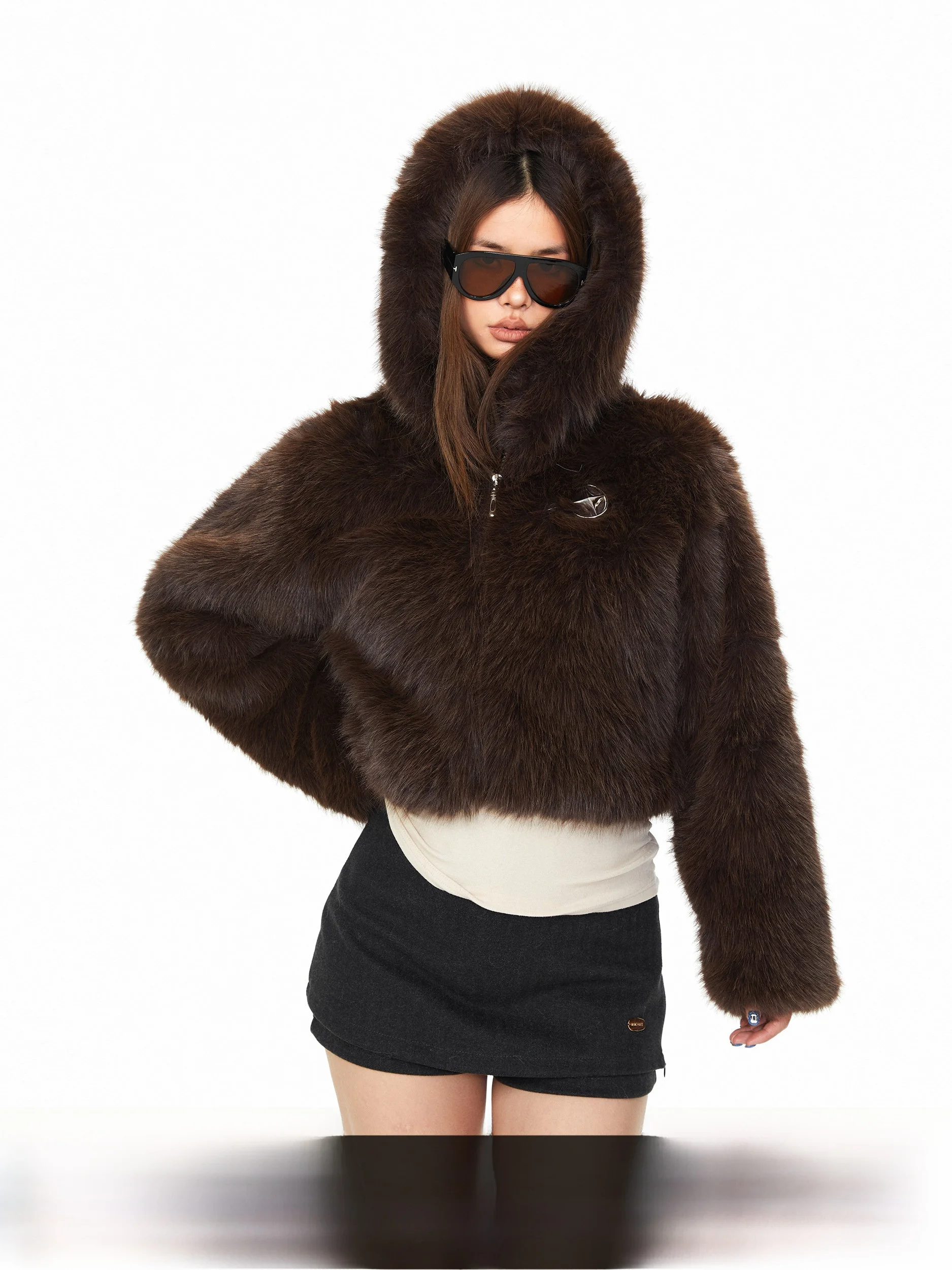 

Blabb Faux Fur Lamb Fur Metal Tag Hooded Cotton Jaet Women Winter American Hot Girl Loose Slim ort Coat Polyester Fiber