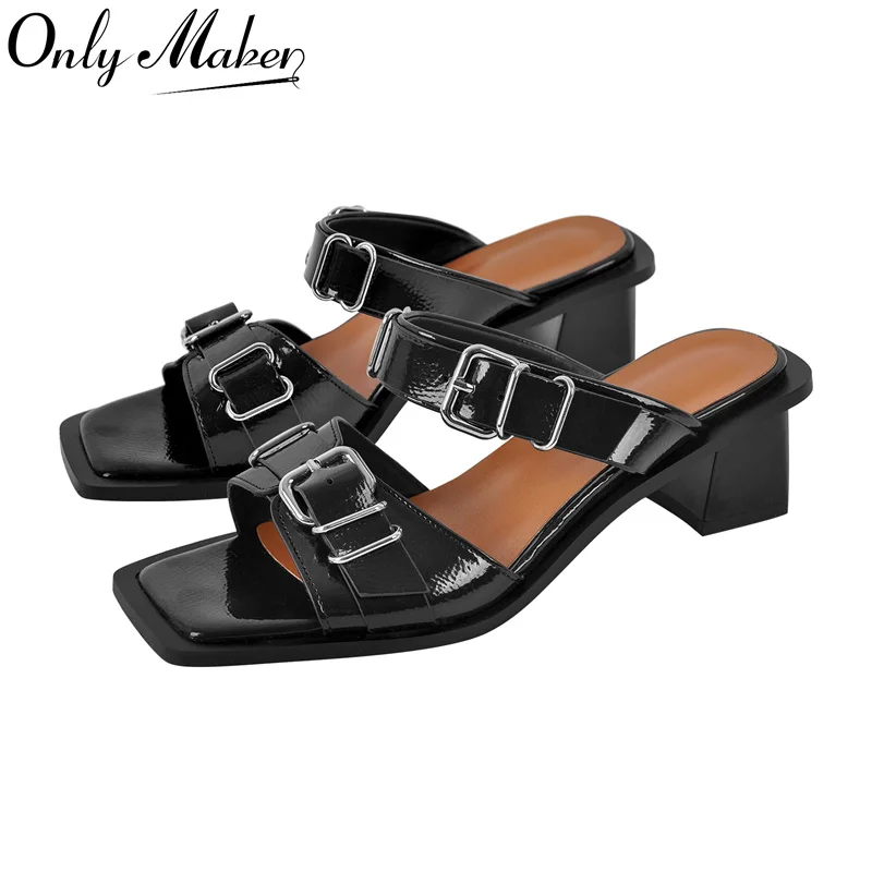 Onlymaker Women Square Toe Buckle Chunky High Heel Slip On Plus Size Summer Sandals