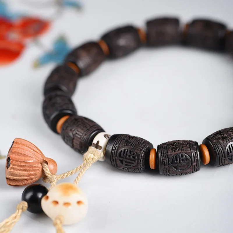 Ebony Purple Sandalwood Bead with Small Holes, Carved Hundred Blessings Fashionable Prayer Beads DIY Bracelet