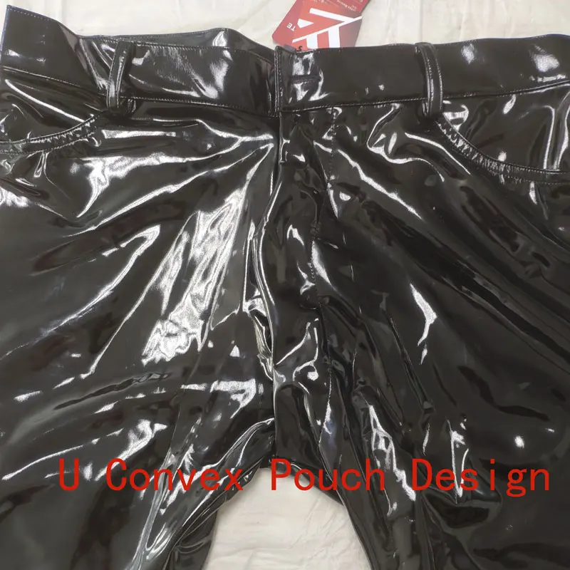 Fashion Men Latex Shiny Stage Dance Pencil Pants U Convex Pouch PU Jeans Pants Elastic Legging PVC Faux Leather Tight Plus