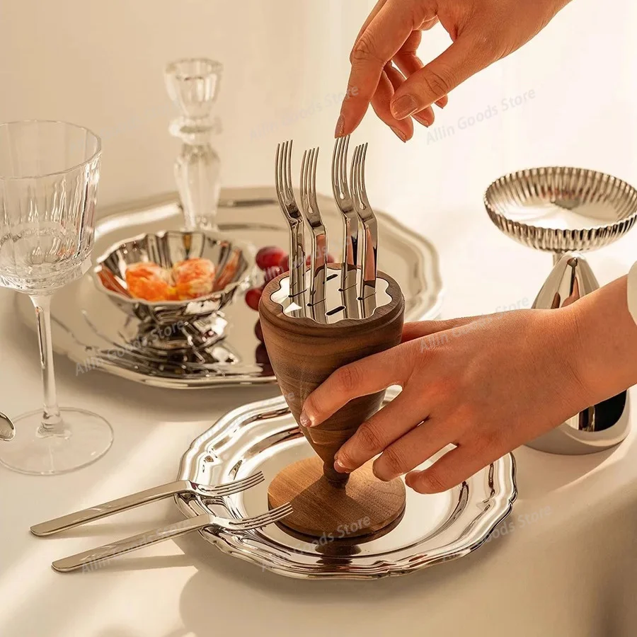 Premium 6-Piece Fruit Fork Set with Storage Stand, Stainless Steel Mini Dessert Forks, Table Ornament for Household, Banquet