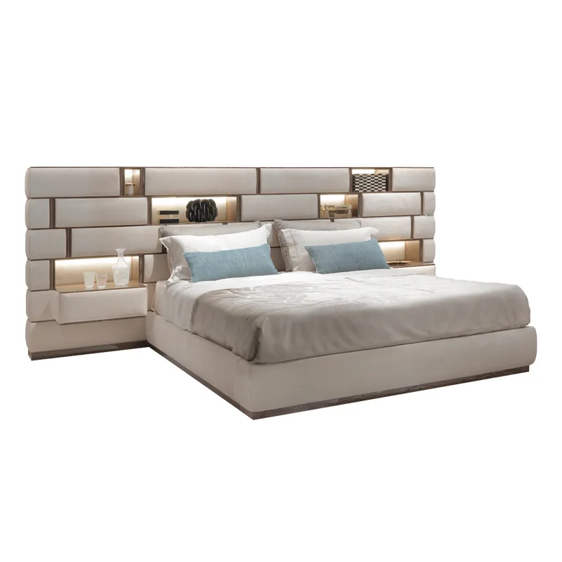 Italian designer widescreen bed light luxury modern double bed luxury villa large flat matte leather master bed